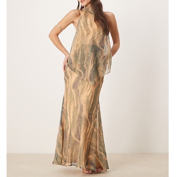ASOS DESIGN Dresses & Skirts - ASOS Chiffon High Neck Double Layer Maxi Dress Marbled Brown Fairy whimsical 12